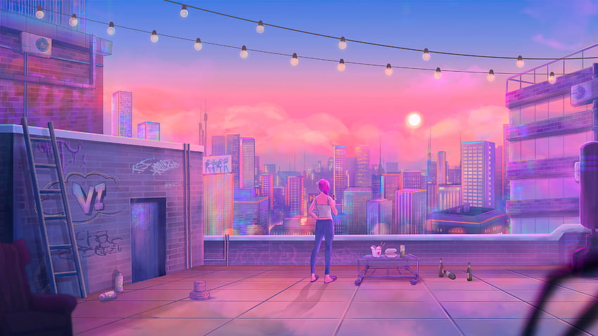Artistic Girl Buildings City Moon Pink Clouds Blue Sky Vaporwave HD wallpaper
