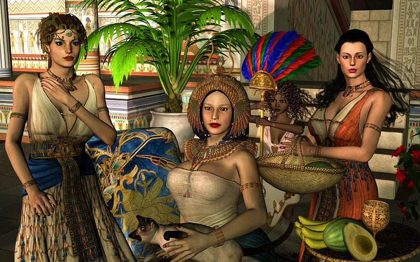 La reina y las damas de honor, fantasía, daz3d, egipto, gato, niña, mujer, hembra fondo de pantalla