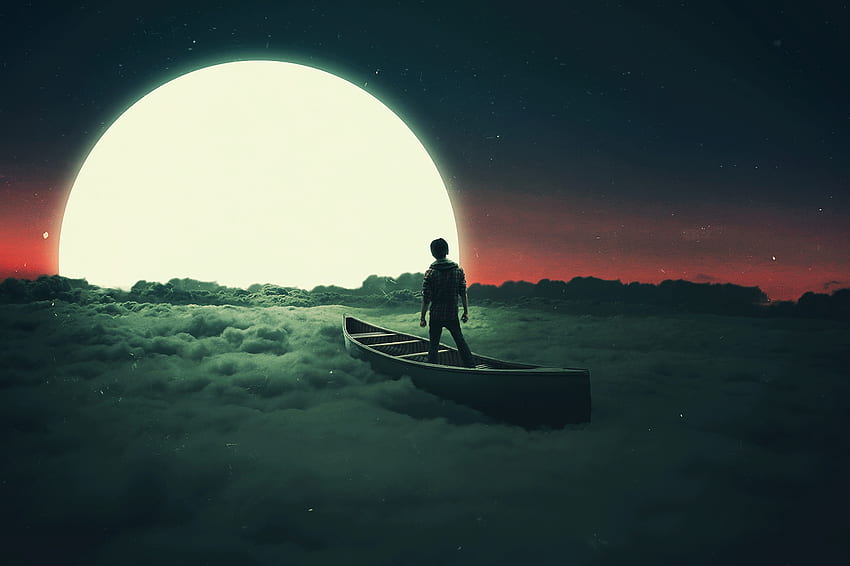 Moon, Loneliness, Silhouette, , Boat, Lonely, Surrealism HD wallpaper