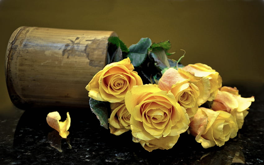 Цветя, рози, листа, повърхност, ваза HD тапет