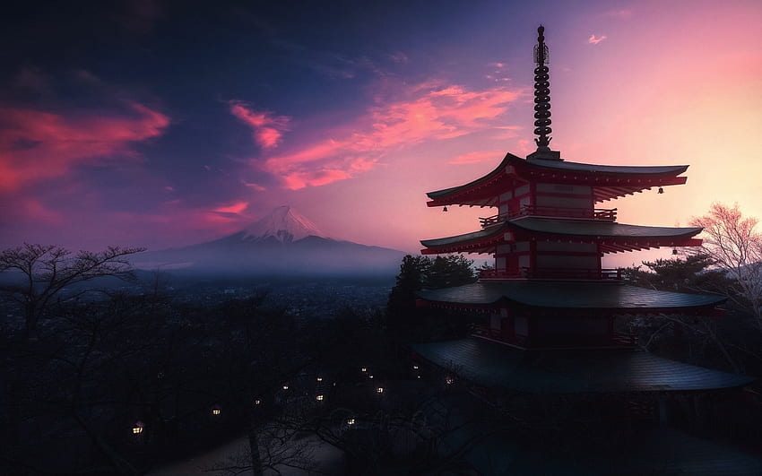 Monte Fuji, Tarde, Puesta de sol, Pagoda, Templo japonés - Pagoda Chureito -, Pagoda de Japón fondo de pantalla