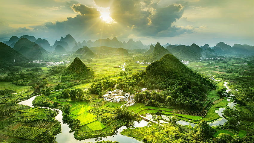 Schöne Landschaft, Berge, Dorf, Fluss, Nebel, Sonnenschein, China HD-Hintergrundbild