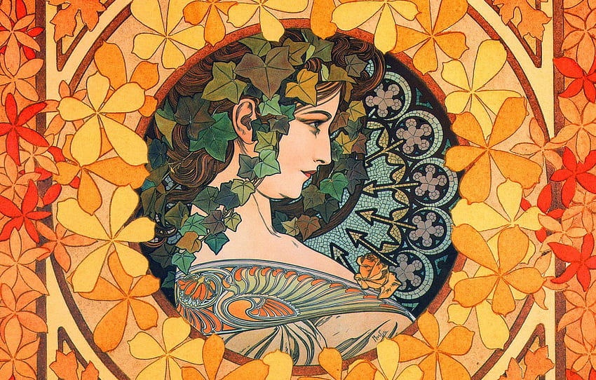 figure, painting, composition, Alphonse Mucha, Alfons Maria Mucha, female , the girl with the ivy for , section живопись -, Alphonse Mucha Art HD wallpaper