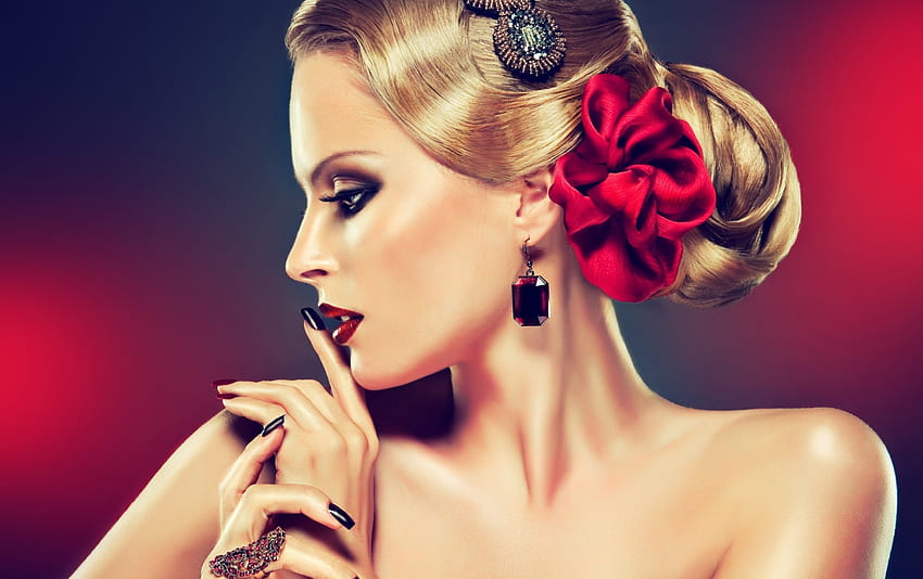 Beauty, jewel, model, red, face, girl, woman, hand HD wallpaper