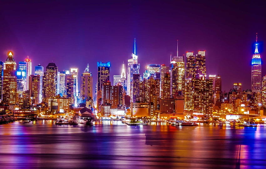 нощ, градът, светлини, небостъргачи, панорама, силует, WTC, град Ню Йорк, река Хъдсън, силует на града за , раздел город -, изглед към Ню Йорк HD тапет
