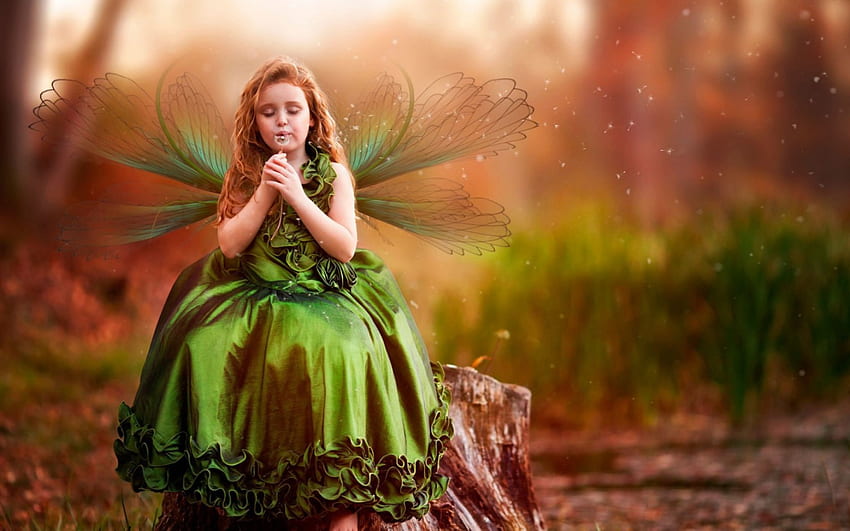 Peri kecil, sayap, imut, gadis, oranye, peri, fantasi, hijau, musim gugur, anak Wallpaper HD