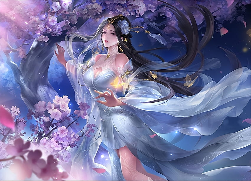 Fantasy in Blue, digital, art, fantasy, , beautiful, girl, woman, blue, veils, flowers HD wallpaper