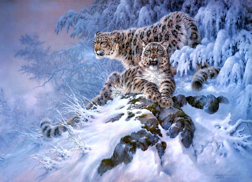 Snow leopards, blue, winter, animal, white, art, snow leopard, painting, pictura, snow, couple, luminos HD wallpaper