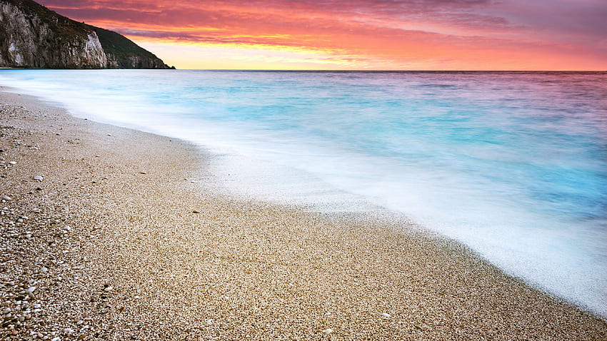 Fale morskie, piana, zachód słońca, plaża Tapeta HD