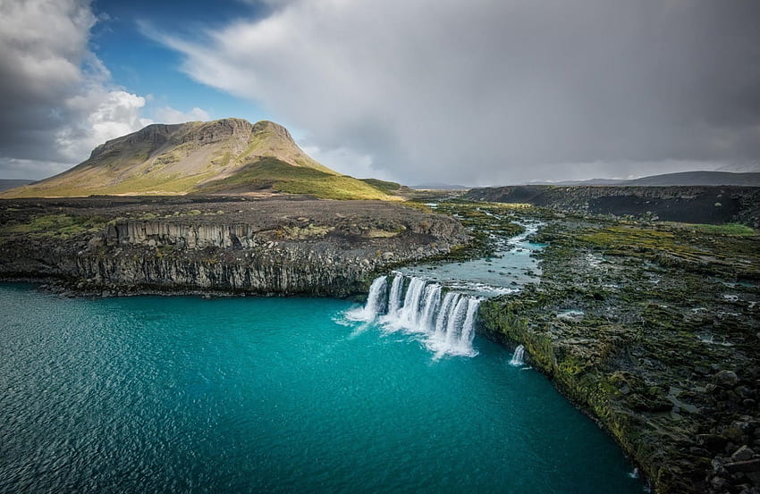 Thjofafoss, Islândia, Rio, Parque Nacional, Turquesa, Nuvens papel de parede HD