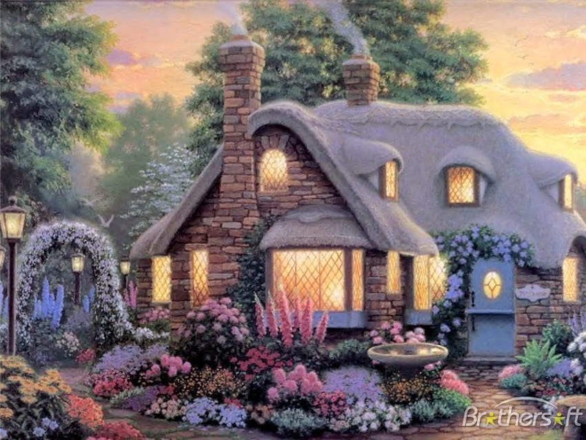 Pondok damai, gaya lama, atap jerami, taman, bunga, pondok Wallpaper HD