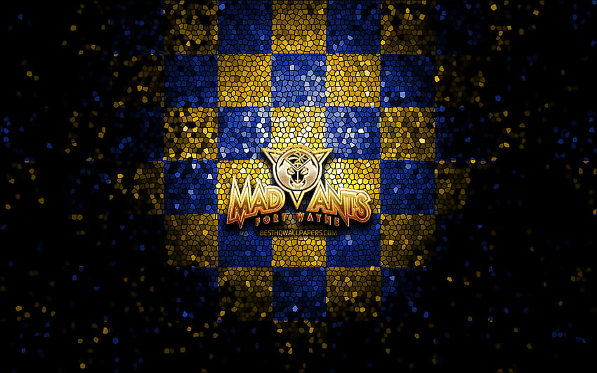 Fort Wayne Mad Ants, glitter logo, NBA G League, blue yellow checkered background, basketball, american basketball team, Fort Wayne Mad Ants logo, mosaic art HD wallpaper