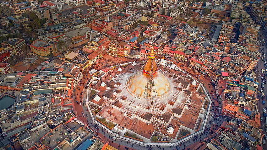Vista aerea dello stupa di Boudhanath a Kathmandu, Nepal Sfondo HD