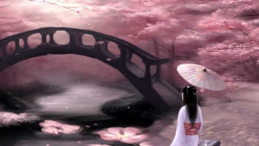 Мостът на гейшите“ под дървета сакура с цвят на японска череша – след, акварел на японска гейша HD тапет