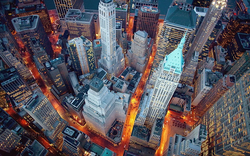 街並み, 建築, 建物, ニューヨーク市, アメリカ, 超高層ビル, 夜, 通り, 街路灯, 鳥瞰図, 長時間露光 / そしてモバイルの背景 高画質の壁紙