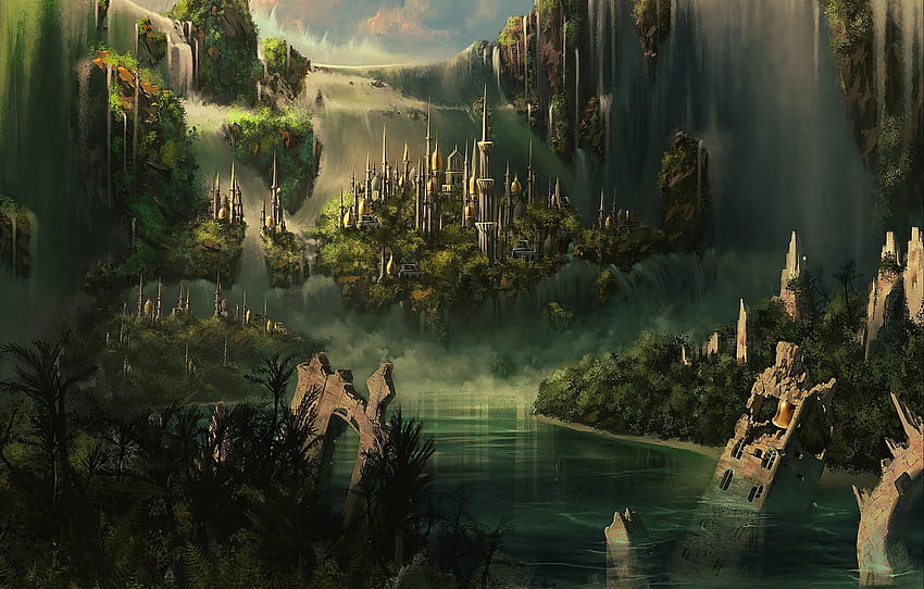 เมฆ ภูเขา เมือง ปราสาท แอตแลนติส น้ำตก หอคอย ซากปรักหักพัง น้ำตก ยอดแหลม CG ปราสาท Elven สำหรับ ส่วน фантастика วอลล์เปเปอร์ HD