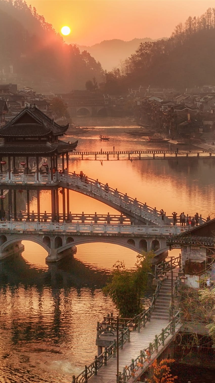 Çin, Hunan Eyaleti, Köy Kasabası, Köprü, Nehir, Sabah, Gün Doğumu IPhone 8 7 6 6S , Arka Plan, , , Çin Mahallesi HD telefon duvar kağıdı
