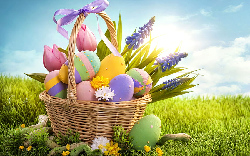 Великденски поздрави, кошница, цветове, цветя, яйца HD тапет