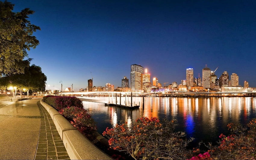 Cities, Rivers, Shine, Light, Park, Bridge, Evening, Australia, Brisbane HD wallpaper