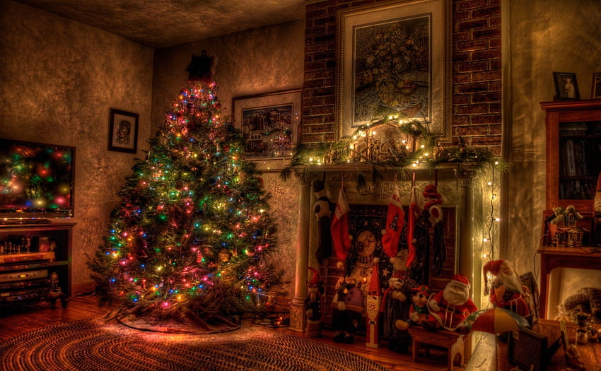 Feiertage, Spielzeug, Weihnachten, Urlaub, Weihnachtsbaum, Girlande, Girlanden, Kamin, Strümpfe HD-Hintergrundbild