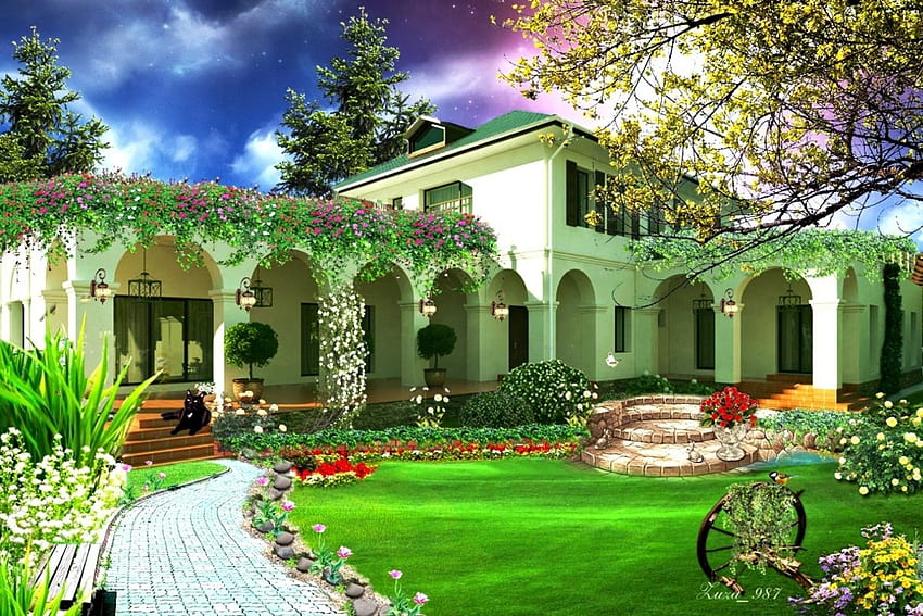 Belle maison de maître, architecture, maison, couleurs, belle, à l'extérieur, vert, bâtiment, fleurs, splendeur, mansiom Fond d'écran HD
