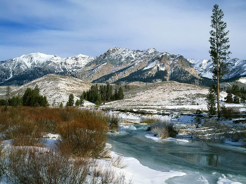 Boulder Mountain, Colorado, rzeka, zimno, góra, otoczak, śnieg, drzewa, natura, colorado, cud, niebo, woda Tapeta HD