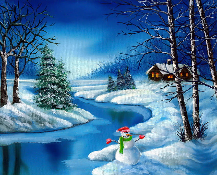 Home for the holidays, winter, river, holiday, painting, snow, trees, frost, scene, art, house, cold, beautiful, snowman, christmas, sky, cottage, home HD wallpaper