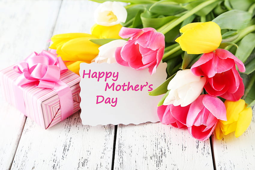 Buona festa della mamma, nastro, regalo, tulipani, regalo, buona festa della mamma, legno, festa della mamma, fiori, primavera, fiocco Sfondo HD