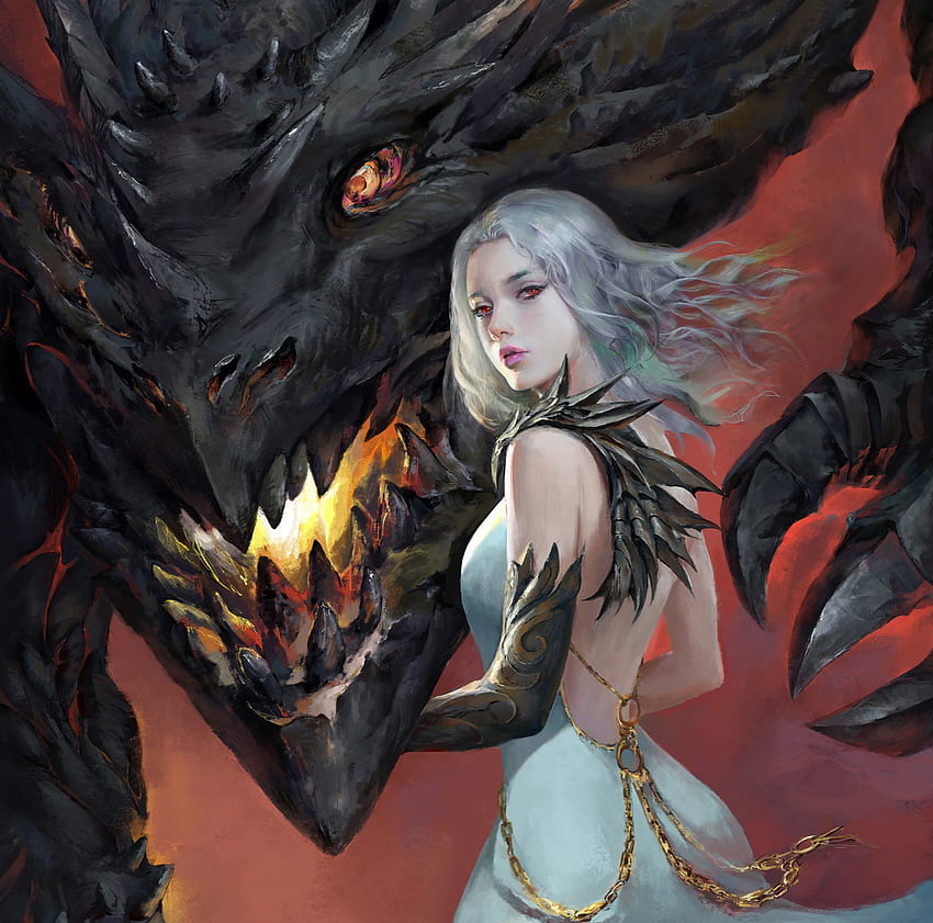 Dragon Lady, mumu mei, lady, black, fantasy, art, dragon, girl HD wallpaper