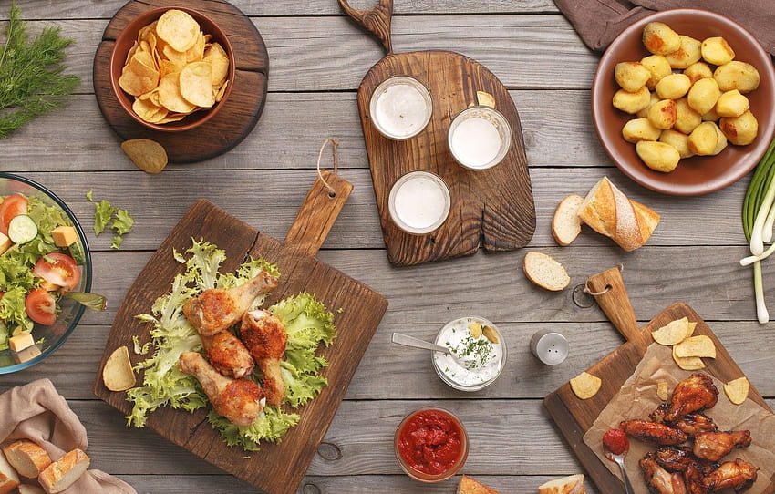 makanan, sayuran, saus, saus tomat, salad, keripik, kentang, talenan, ayam panggang untuk , bagian еда Wallpaper HD