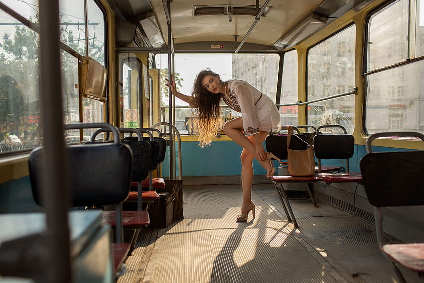 Model in bus, pose, white, Model, girl, bus HD wallpaper