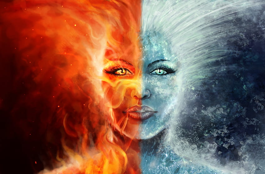 Mujer de fuego y hielo, abstracto, 3d, fantasía, fuego, mujer, hielo fondo de pantalla