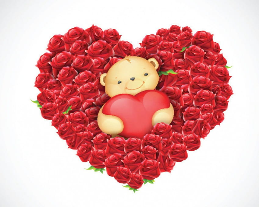 Amor, ursinho de pelúcia, coração, rosas papel de parede HD