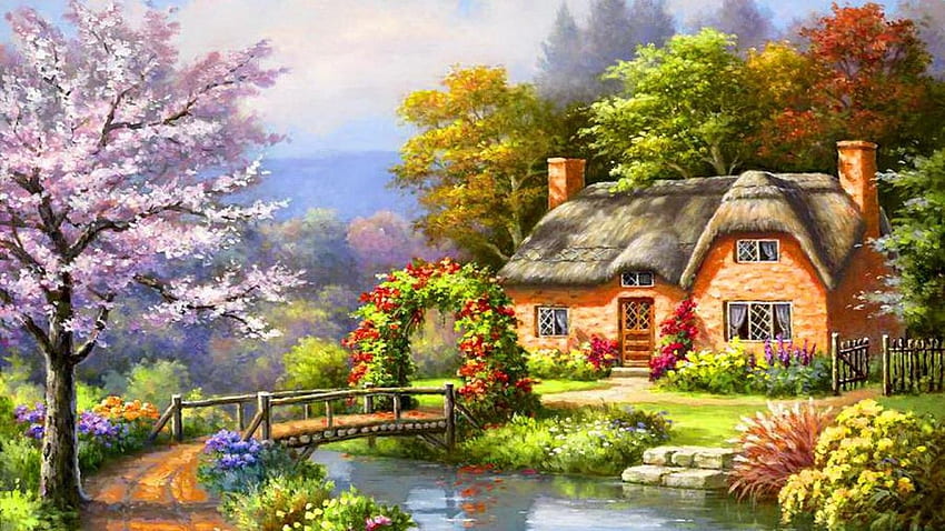 Spring creek cottage, river, painting, cottage, spring, tree HD wallpaper