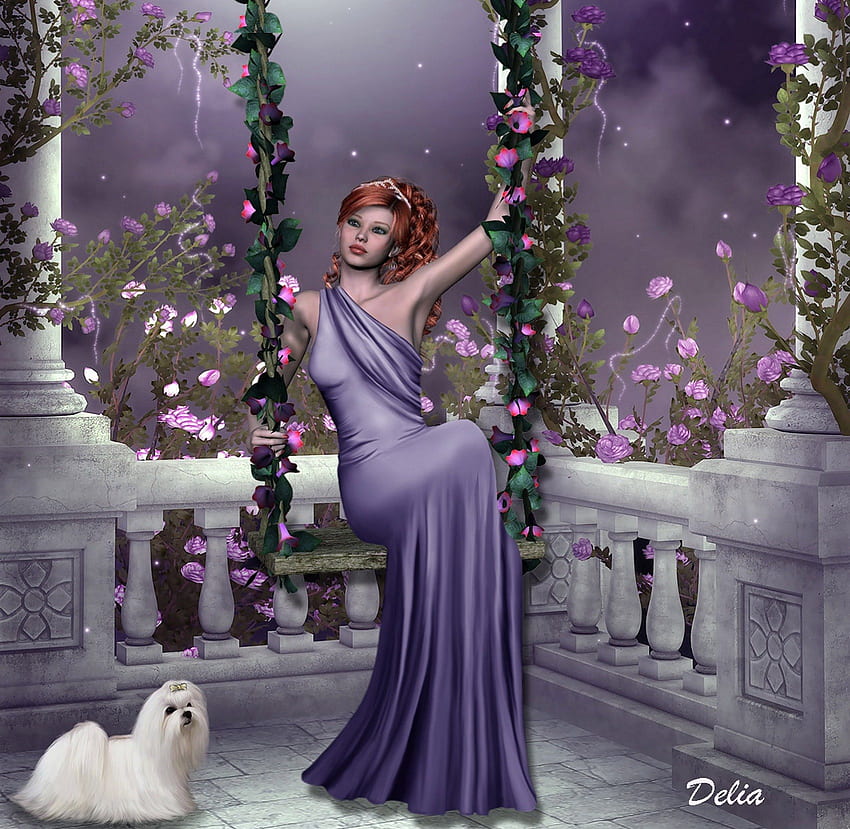 Woman On Swing, dog, fantasy, vines, flowers, swing, woman HD wallpaper