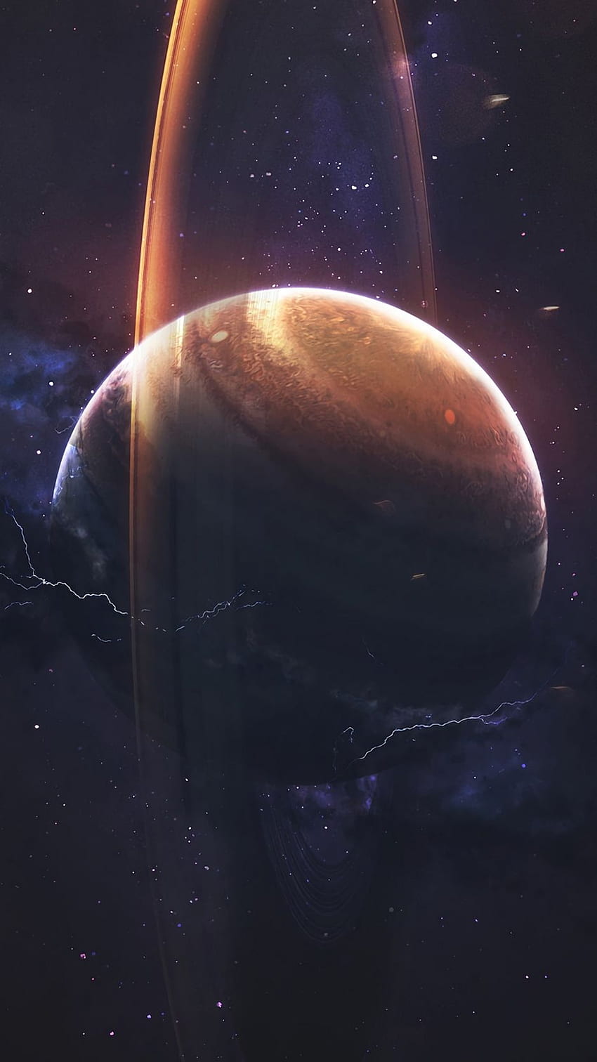 Saturn, planeta, pierścień, przestrzeń, gwiazdy, błyskawica – Cool Tapeta na telefon HD