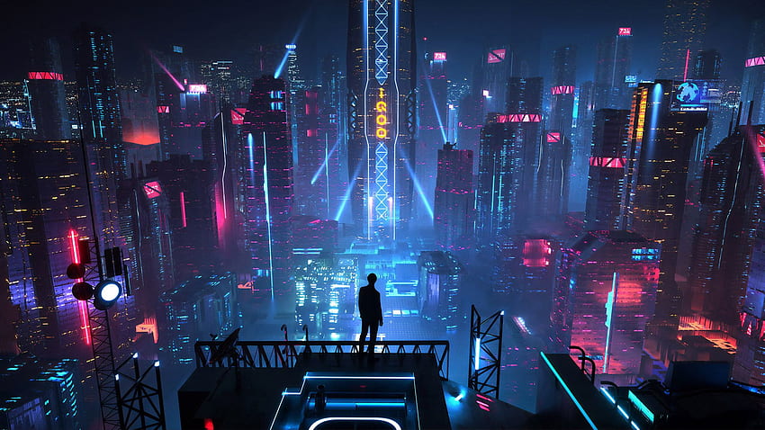 digital art, men, city, futuristic, night, neon, science fiction • For You For & Mobile HD wallpaper
