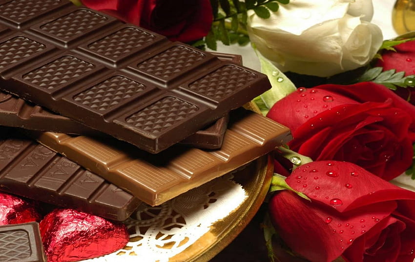 Chocolates with Rose, rose, brown, chocolates, red HD wallpaper