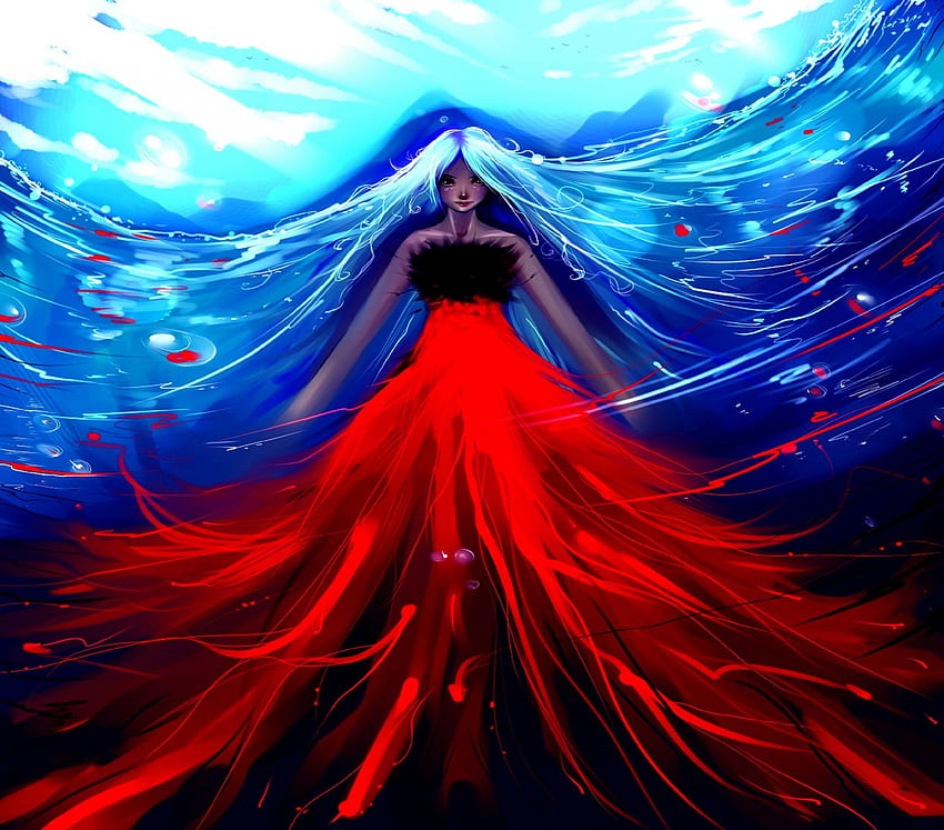 Water Queen Wall, blue, colorful, colors, digital art, dress, abstract, drawings, female, weird things people wear, girl, paintings, creative pre-made, love four seasons, fantasy, red, draw and paint, illustrations, hair HD wallpaper