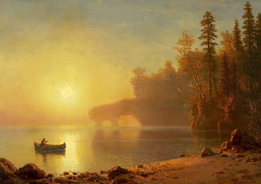 Canoeing Indians, boat, morning, Albert Bierstadt, man, landscape, orange, tree, lake, pictura, texture, luminos, sun HD wallpaper