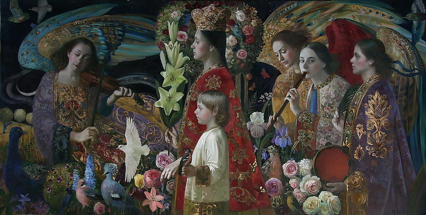 :), olga suvorov, people, woman, wings, art, man, angel, girl, painting, pictura, flower HD wallpaper