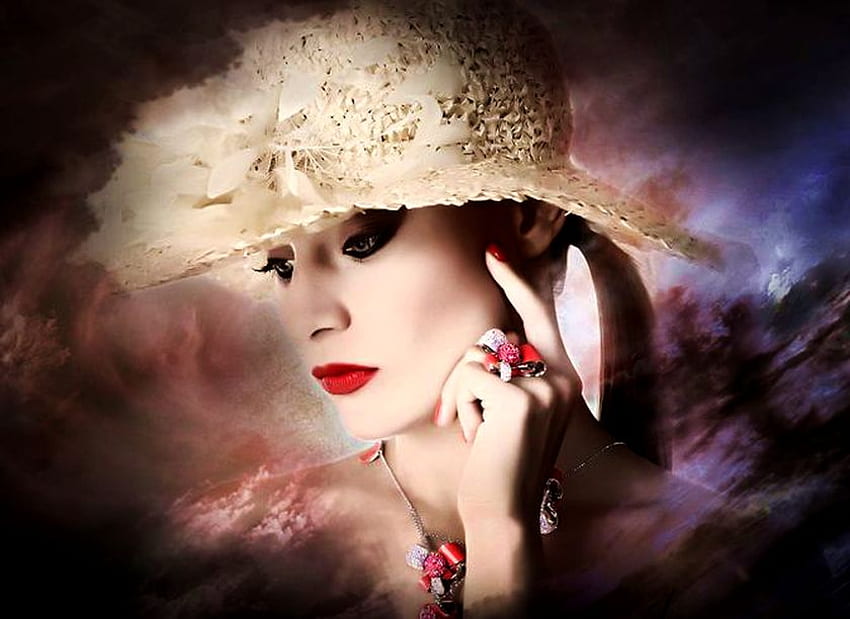 THINKING.., jewerly, pink, thinking, cryatals, clouds, thougs, hat, beauty HD wallpaper