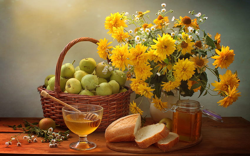Still Life Flowers, fruit, still life, bread, flowers, honey HD wallpaper