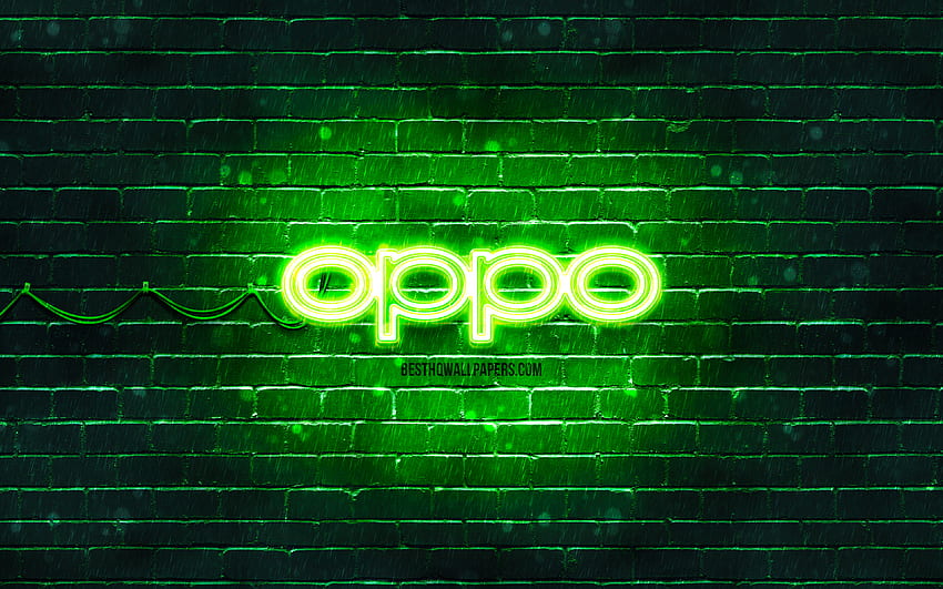 Logo hijau Oppo, , brickwall hijau, logo Oppo, merek, logo neon Oppo, Oppo Wallpaper HD