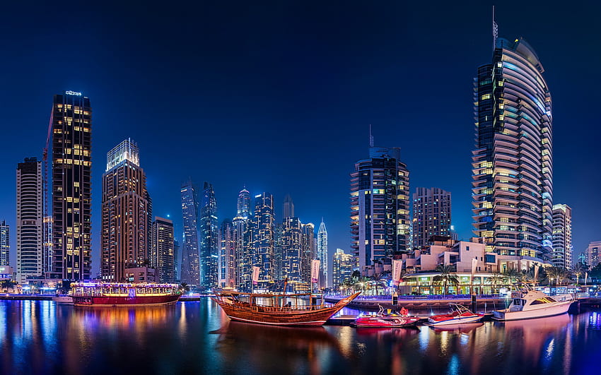 Dubai, noite, arranha-céus, Dubai Marina, edifícios modernos, Dubai paisagem urbana, Emirados Árabes Unidos papel de parede HD