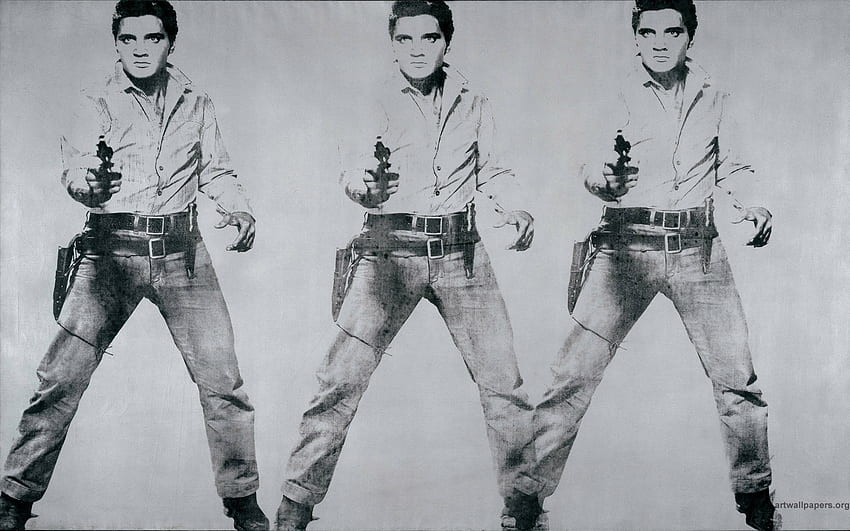 Elvis Presley by Andy Warhol, entertainment, , , andy warhol, singer, rock, music, rock n roll, black and white, artist, elvis presley, elvis, gun, wall HD wallpaper