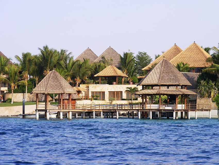 екзотична почивка ...., море, палми, стил, дизайн, архитектура, къщи, плаж, природа, вода, курорт, океан HD тапет