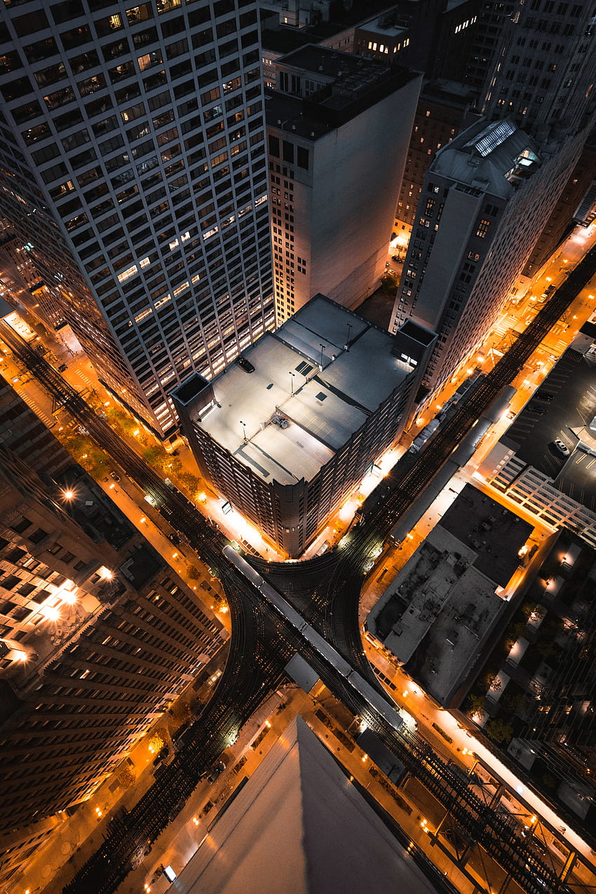 Città, notte, città, edificio, luci, vista dall'alto, grattacieli Sfondo del telefono HD