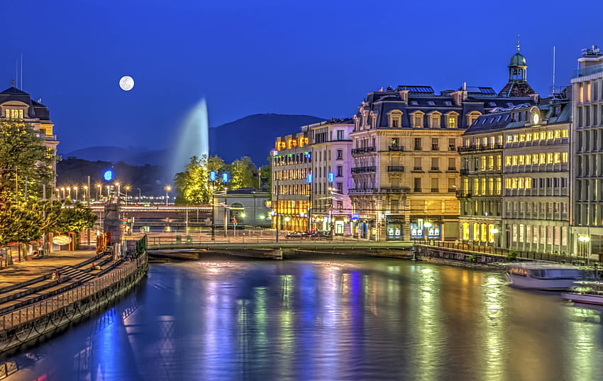 Женева, Швейцария - Женева Швейцария през нощта - - HD тапет