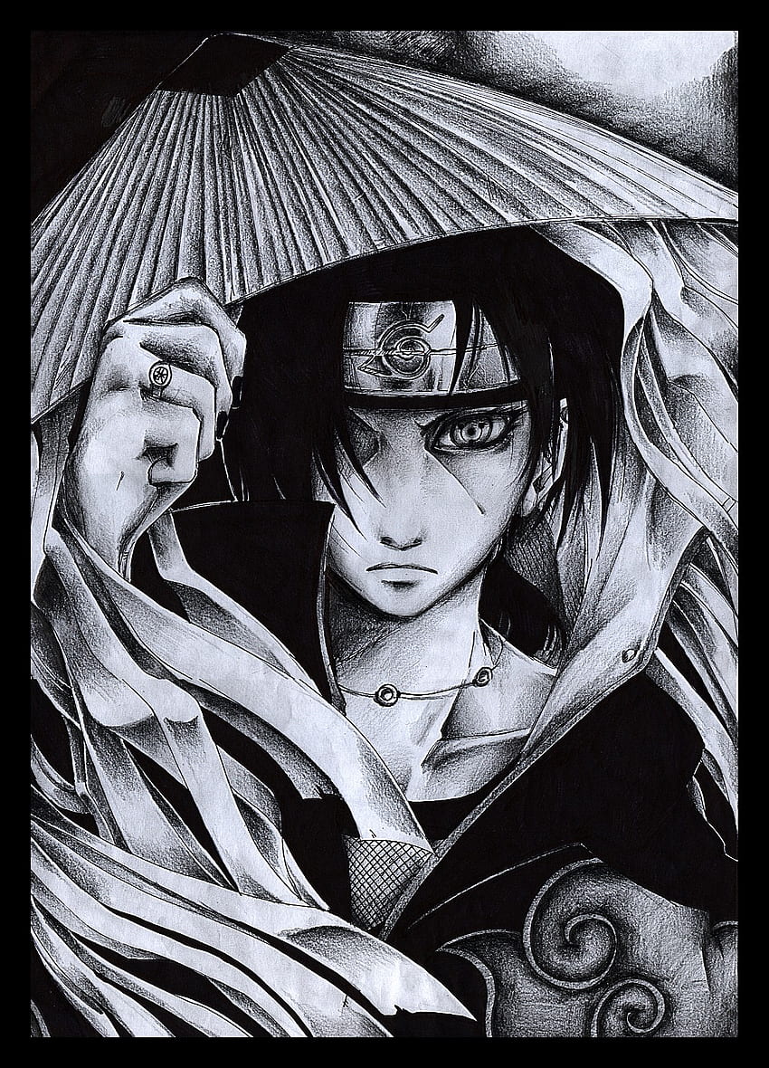 meng, ilustrasi, satu warna, Naruto Shippuuden, Akatsuki, Uchiha Itachi, sketsa, hitam dan putih, grafik monokrom, sampul album. Mocah wallpaper ponsel HD